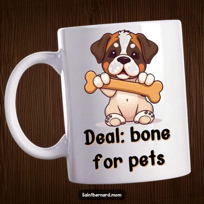 Funny Saint Bernard puppy mug showing a cute dog sitting with paws up, offering a large bone as a gift.