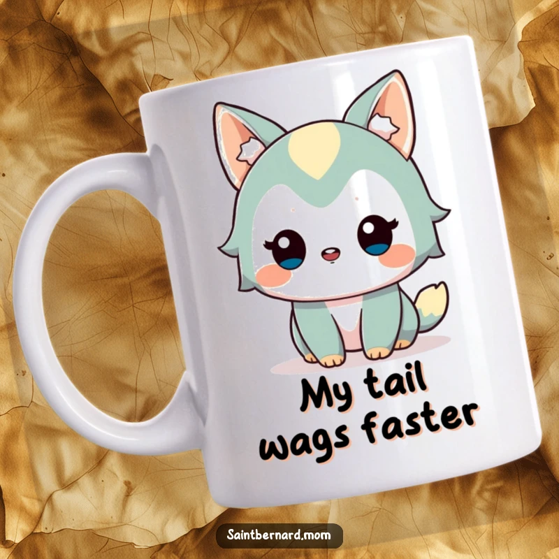 Funny Mug: Alert, friendly dog character with a gentle wag, conveying pure joy and approaching enthusiasm for a delightful gift.