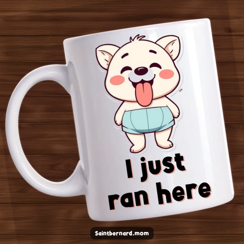 Funny mug showing a character with a big smile, happily panting with their tongue lolling slightly, radiating pure joy and silliness.
