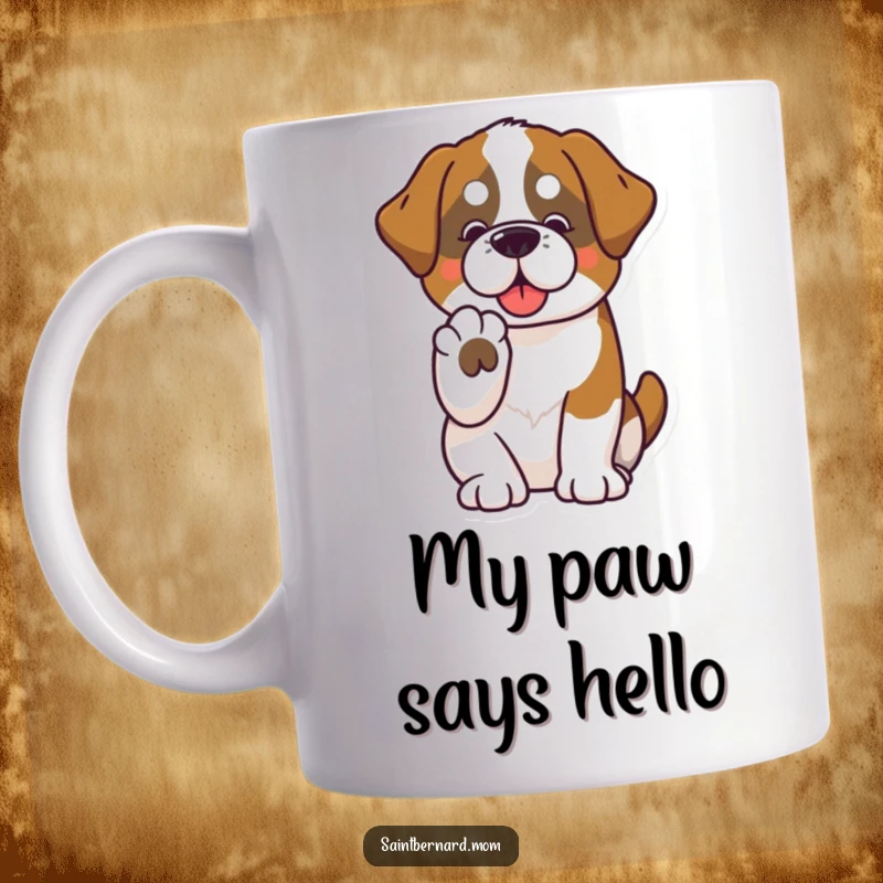 Funny Kawaii Saint Bernard mug showing a gentle paw extended, symbolizing friendship and kindness, perfect for dog lovers.