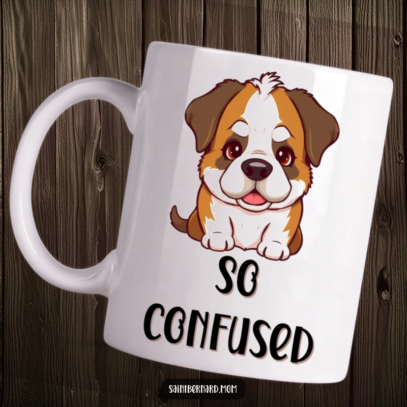 Funny Saint Bernard mug featuring a dog in a goofy head tilt pose with a warm, loving gaze, expressing curiosity and affection.