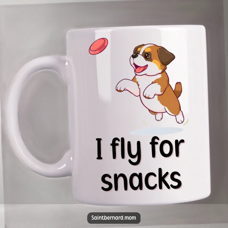 Funny Saint Bernard puppy mug capturing a clumsy dog leaping with pure joy to catch a bright red frisbee in mid-air.