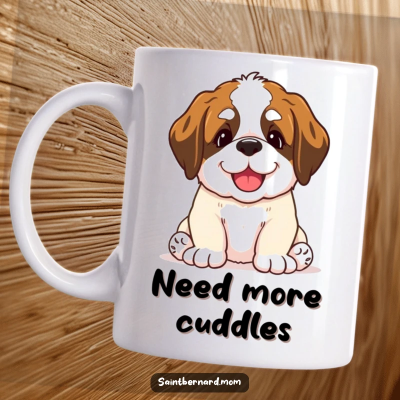 Funny Saint Bernard puppy mug showing a happy dog with a wagging tail offering a gentle, affectionate nudge.