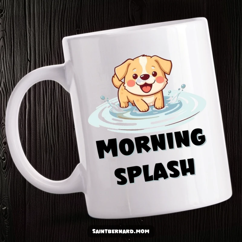Funny splashing dog mug art, showing a happy dog wading through water and playfully splashing.