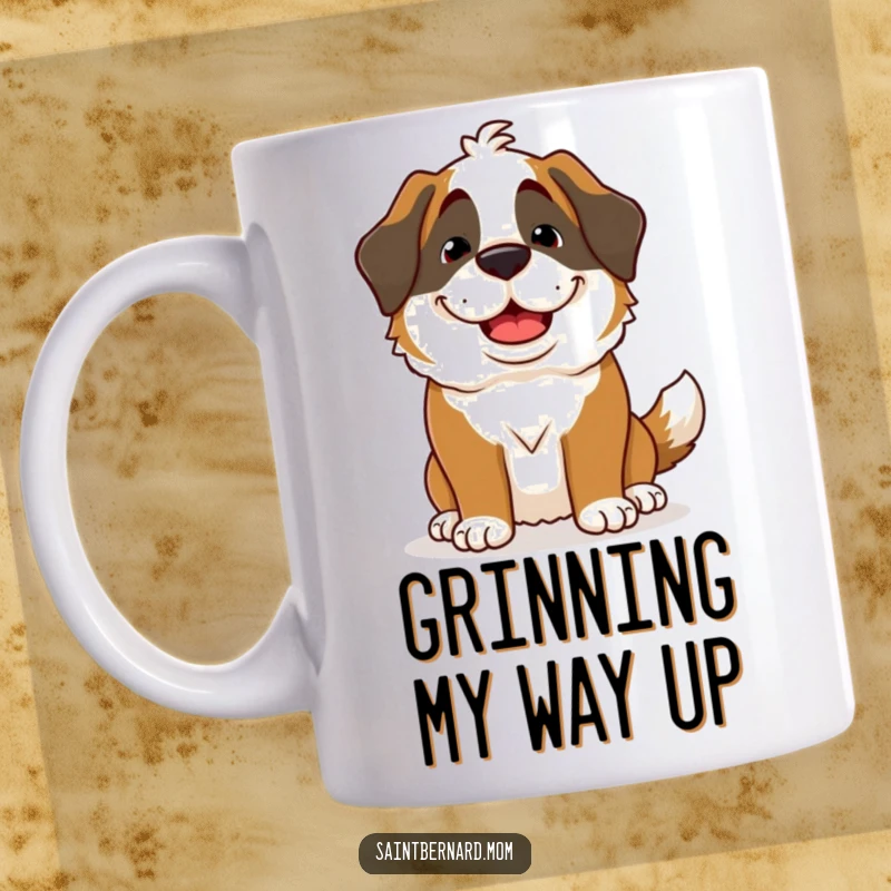 Funny Saint Bernard Lady Mug featuring a dog with a wide, goofy grin and a vigorously wagging tail, embodying pure delight.