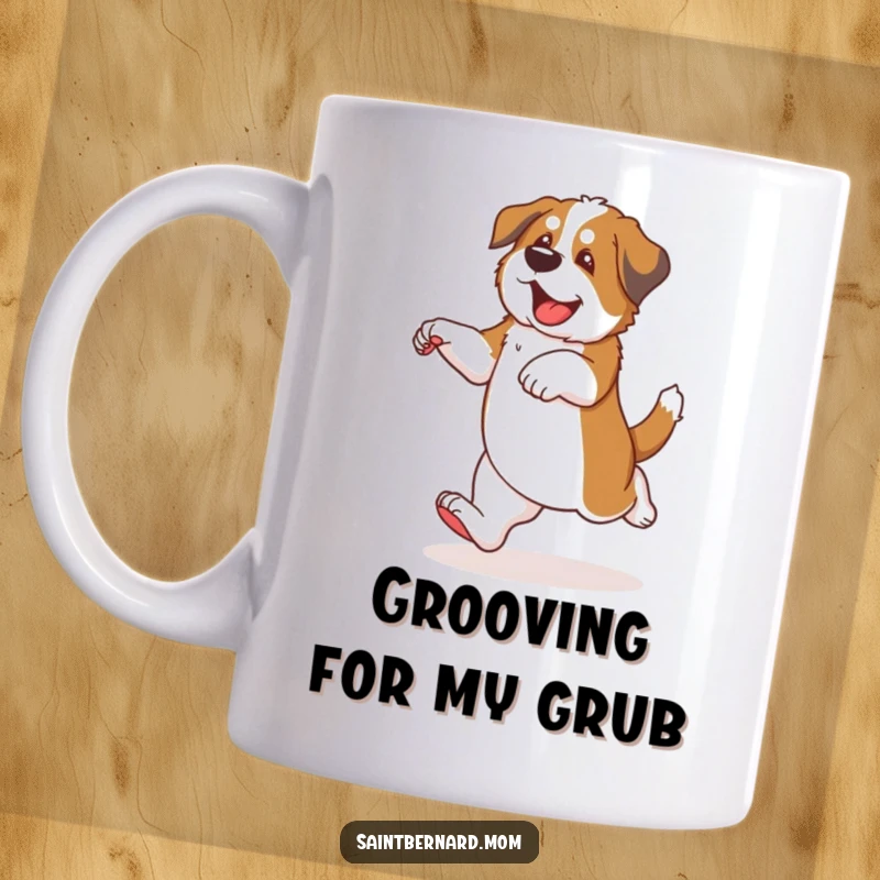 Funny Saint Bernard puppy mug showing a clumsy dog dancing with happy, energetic steps and a joyful expression.