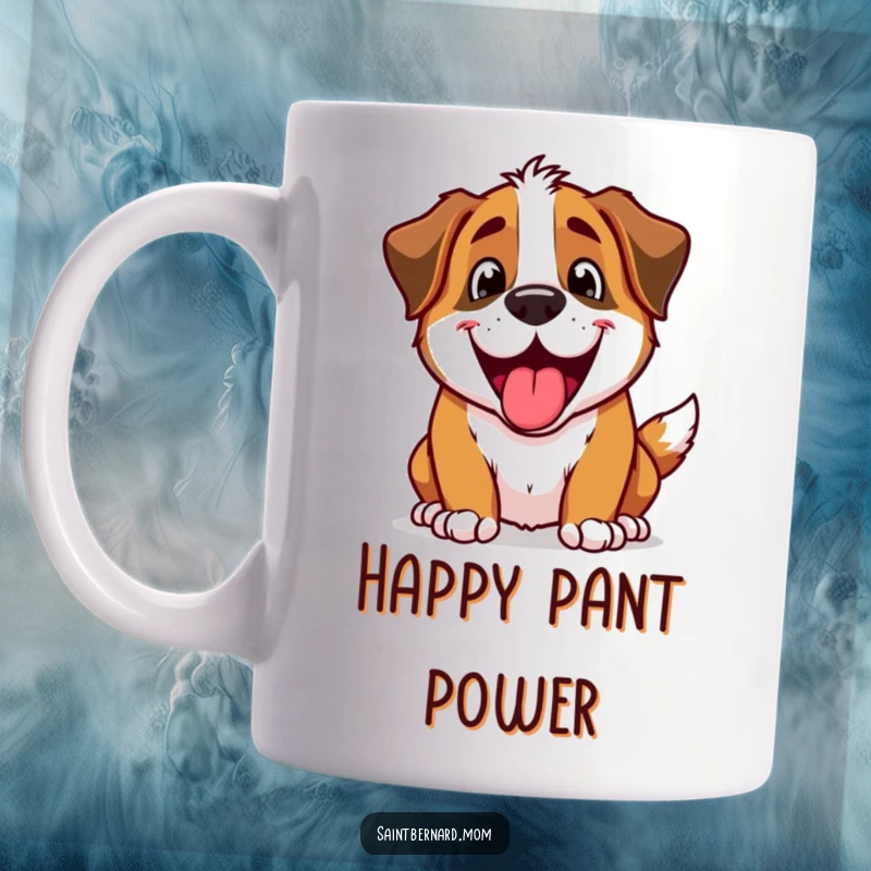 Funny Saint Bernard dog character with a wide, happy panting expression, full of excitement on a mug.