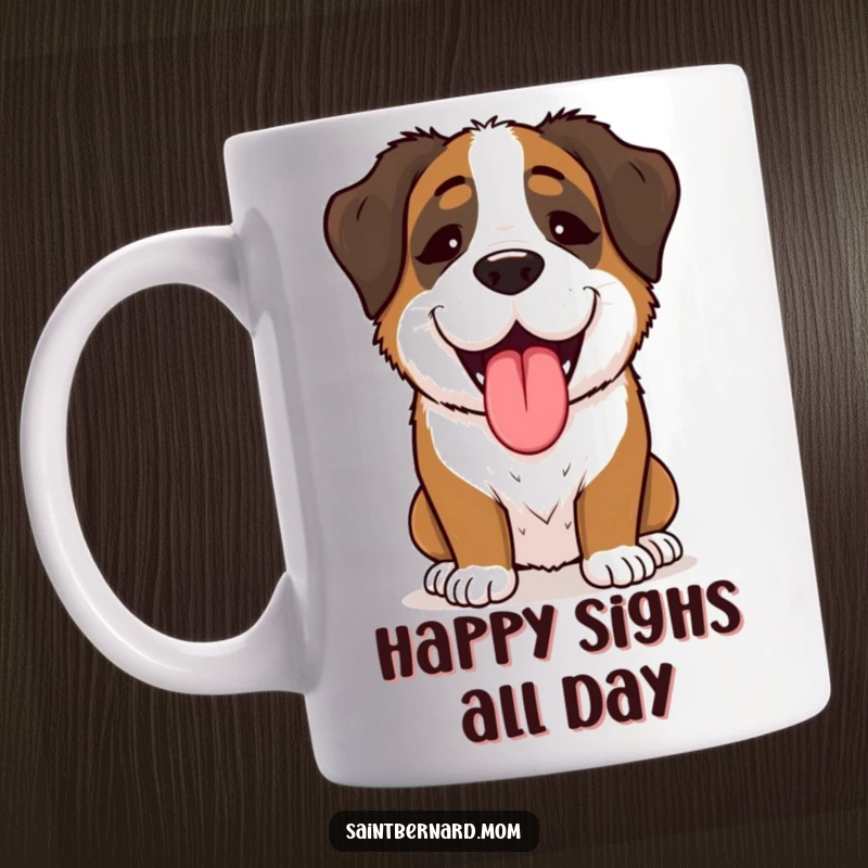 Funny Saint Bernard Lady Mug, enthusiastically panting with pure joy and happiness, a delightful depiction of a beloved dog.