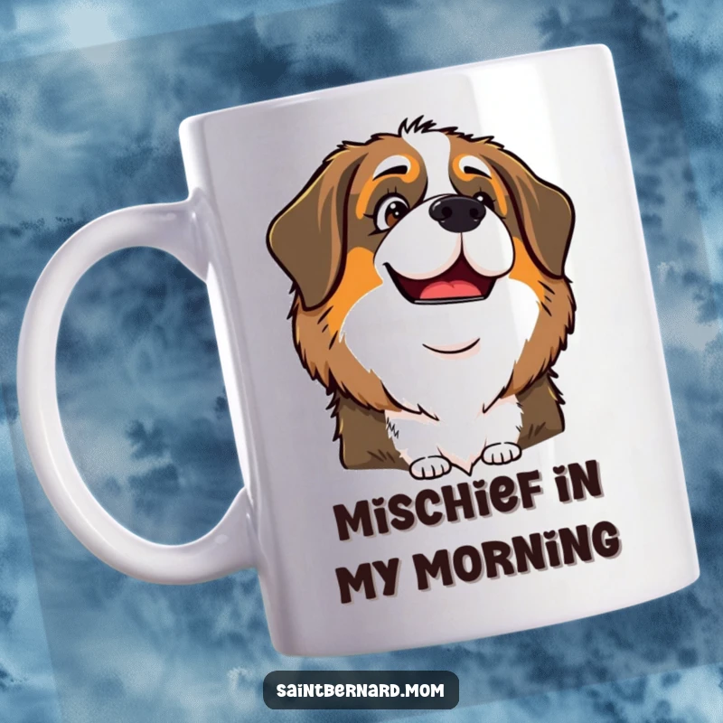 Funny Saint Bernard Lady Mug, with a mischievous and playful glint in her happy eyes, hinting at fun times ahead.