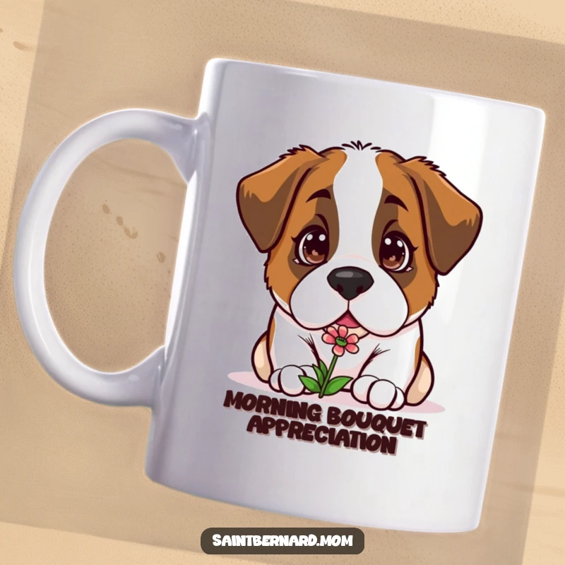 Funny Kawaii Saint Bernard mug, curious dog sniffing a small flower, capturing gentle exploration and nature's beauty.