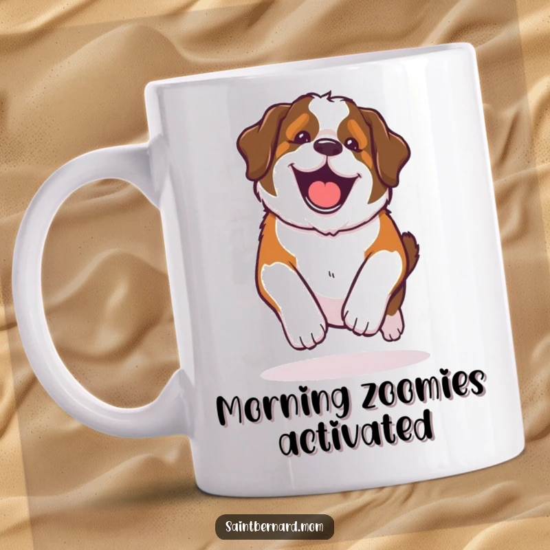 Funny Kawaii Saint Bernard mug, dog happily rolling with pure glee, capturing infectious joy and playful spirit.