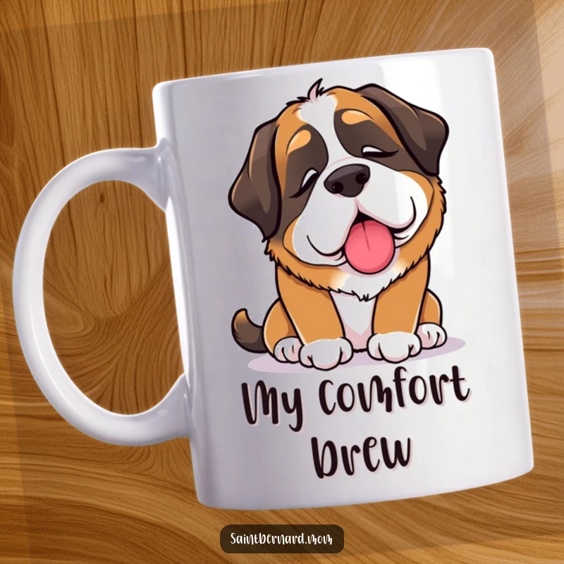 Funny Saint Bernard Lady Mug featuring a dog offering a gentle, comforting lick, symbolizing empathy and loving support.