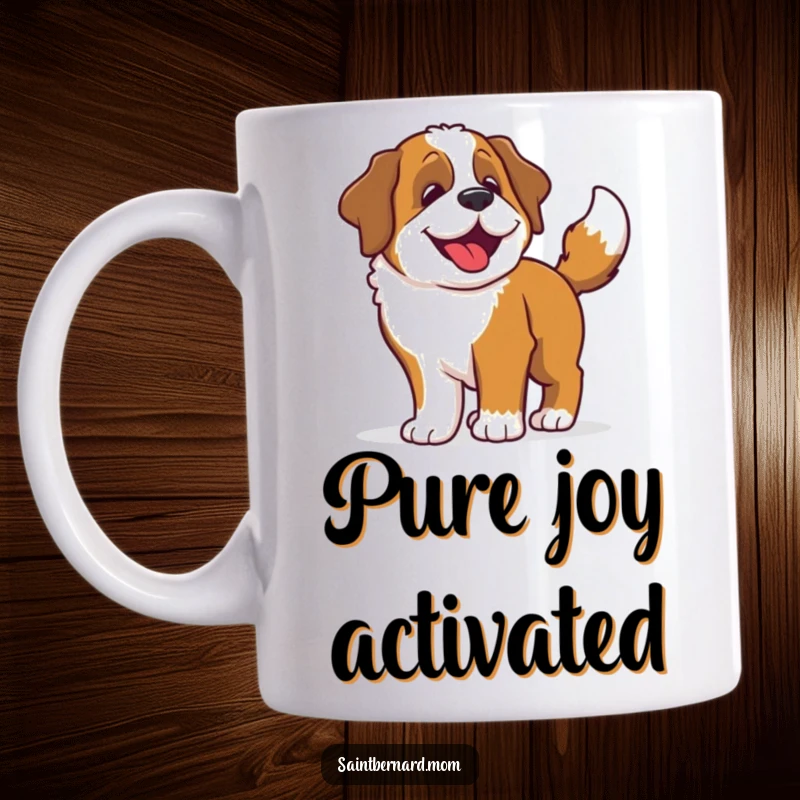 Funny Saint Bernard mug featuring a happy dog whose tail wag causes its entire body to wiggle with excitement and joy.