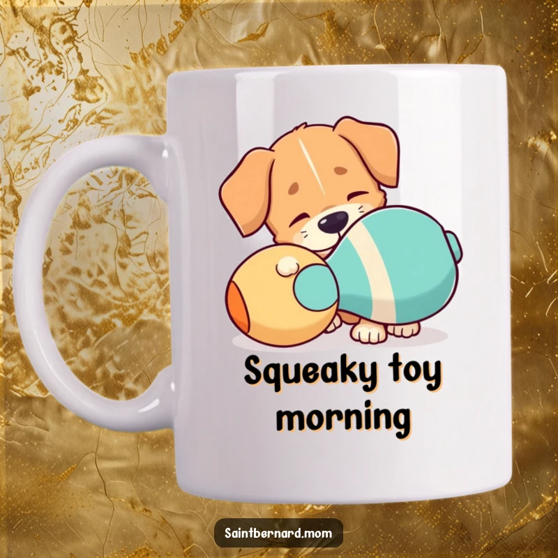Funny Mug: A dog with a floppy ear playfully nudges a giant squeaky toy with a look of excited anticipation.