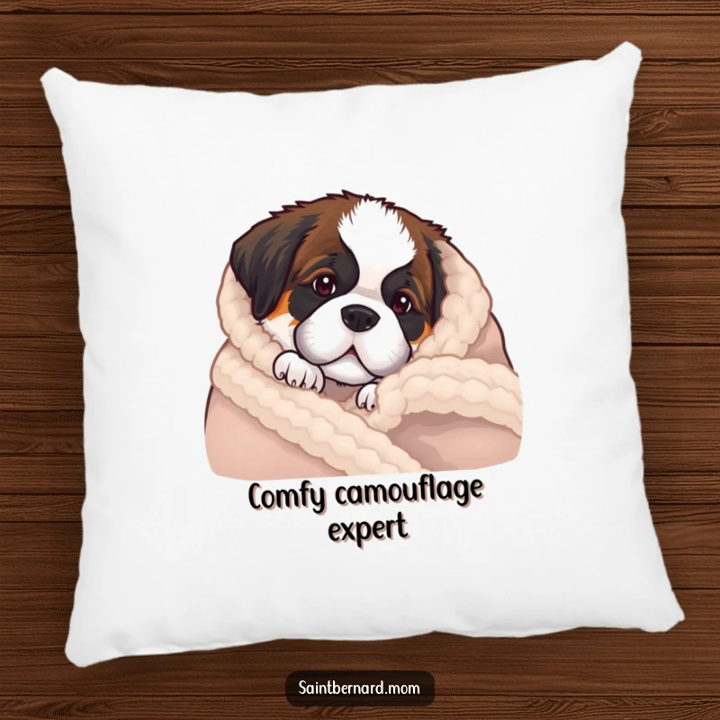 Funny Saint Bernard puppy pillow with a dog peeking from behind a plush wool blanket, perfect for cozying up.