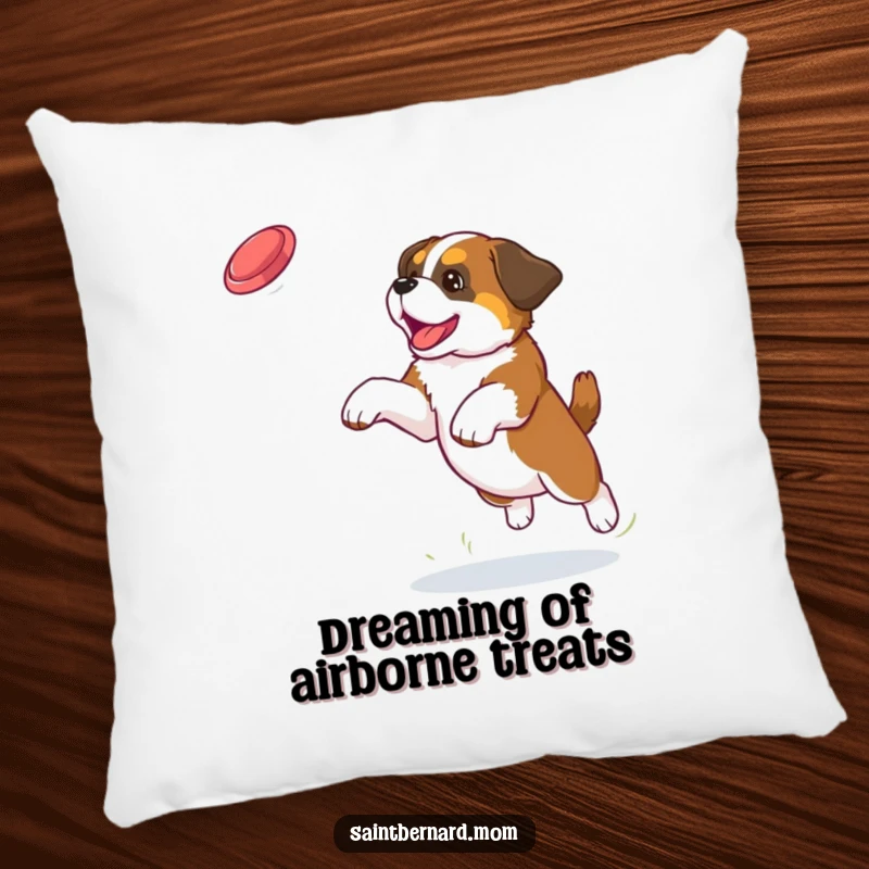 Funny Saint Bernard puppy pillow showing a dog leaping playfully to catch a frisbee, perfect for adding humor to any couch.