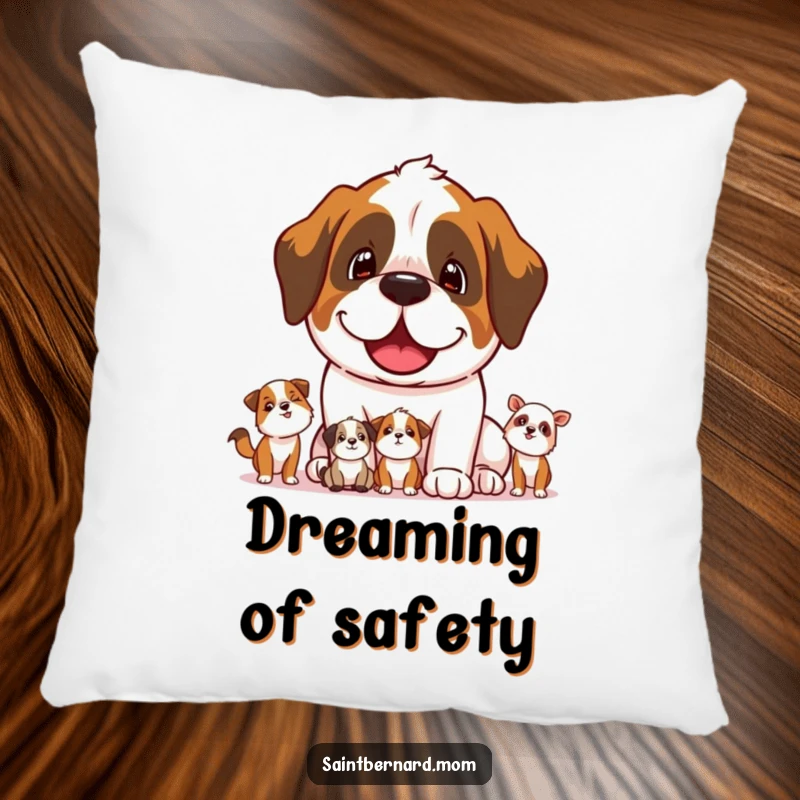Funny Saint Bernard dog character protectively watching smaller animals, depicted plushly on a decorative pillow.
