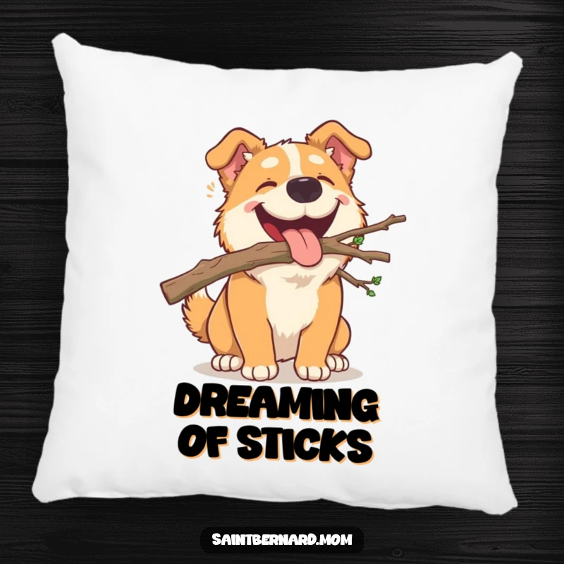Funny Pillow: A large dog carrying a small, fallen branch in its mouth, adding a touch of outdoor cheer to your decor.