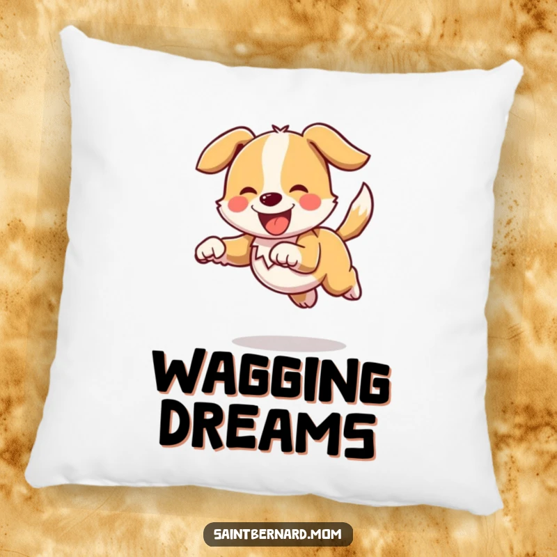 Funny pillow showcasing an energetic dog character joyfully bounding, tail held high and wagging, perfect for cozying up with cheer.