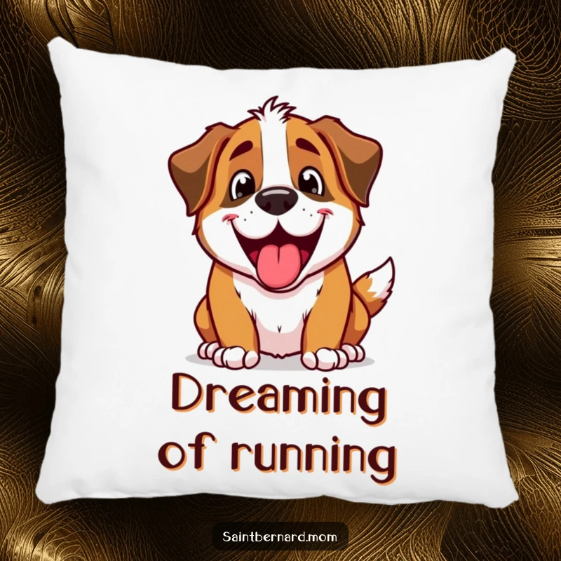 Funny Saint Bernard dog character with a happy, excited panting expression, depicted plushly on a decorative pillow.