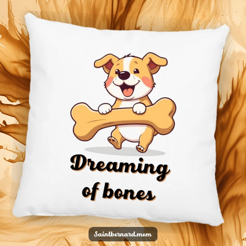 Funny fetching dog pillow, featuring a dog happily carrying a huge bone, perfect for cozying up.