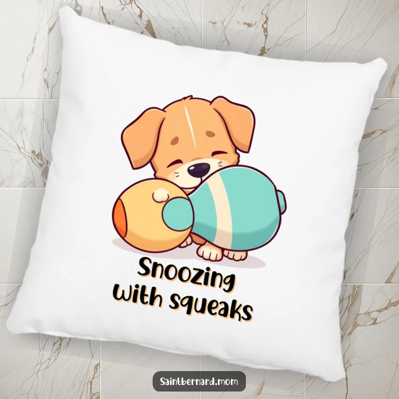 Funny Pillow: A dog with a floppy ear playfully nudging a giant squeaky toy, bringing comfort and humor to any space.