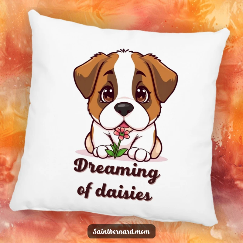 Funny Kawaii Saint Bernard pillow, a curious dog sniffing a small flower, offering soft comfort and gentle decor.