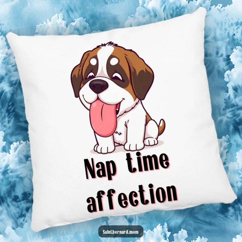 Funny Kawaii Saint Bernard pillow featuring a large dog giving a giant, slobbery, happy lick, offering soft comfort and humorous affection.