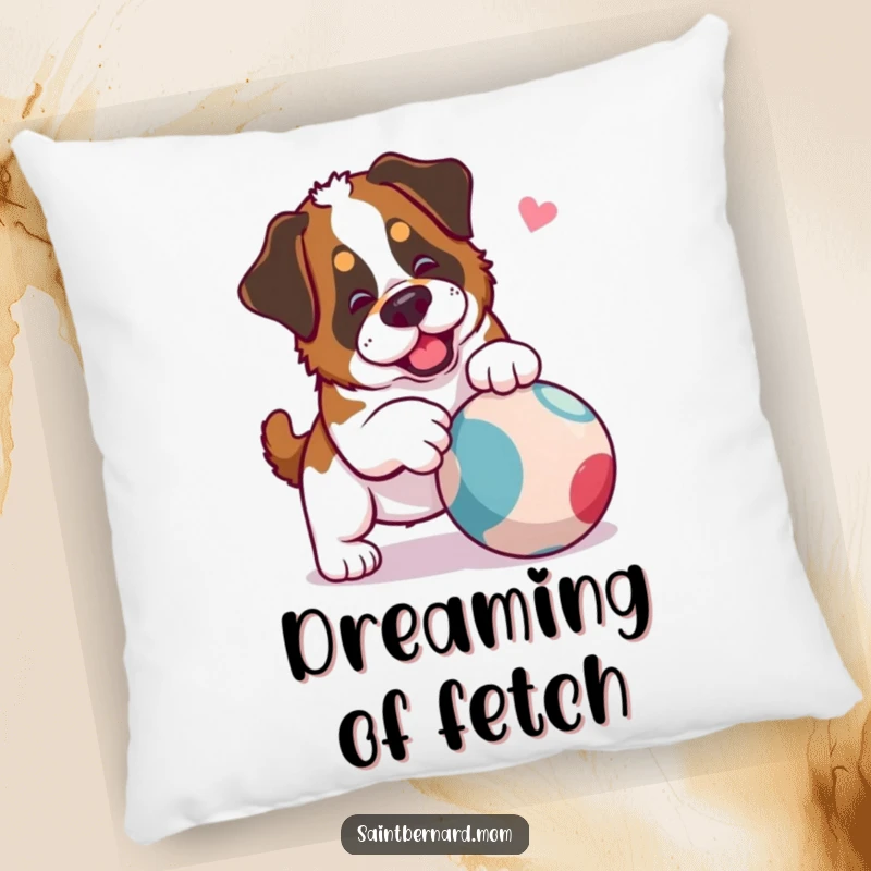 Funny Saint Bernard Lady Pillow featuring a dog playfully nudging a rolling ball, perfect for adding comfort and a playful touch.