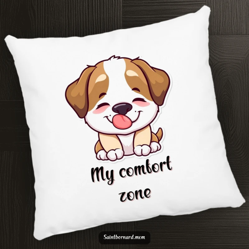Funny Saint Bernard dog character offering a comforting lick, depicted plushly on a decorative pillow.