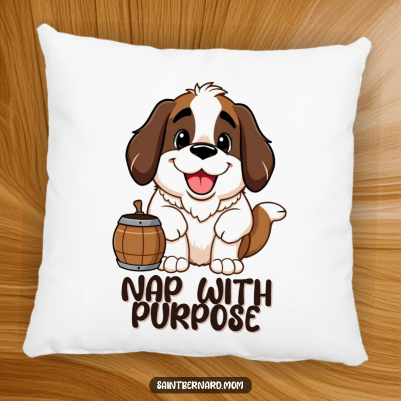 Funny Saint Bernard pillow depicting a large, happy Saint Bernard dog with a friendly grin and barrel, offering cozy comfort and humor.