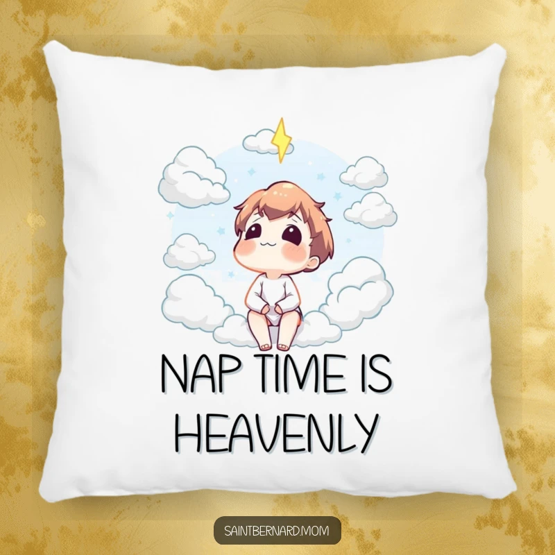 Funny pillow with a plush character looking contentedly up at fluffy clouds, perfect for creating a serene and cozy atmosphere.