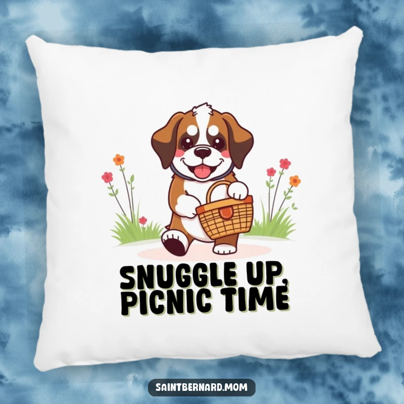 Funny kawaii Saint Bernard dog relaxing on a plush pillow, happily carrying a tiny picnic basket, embodying cozy canine joy.