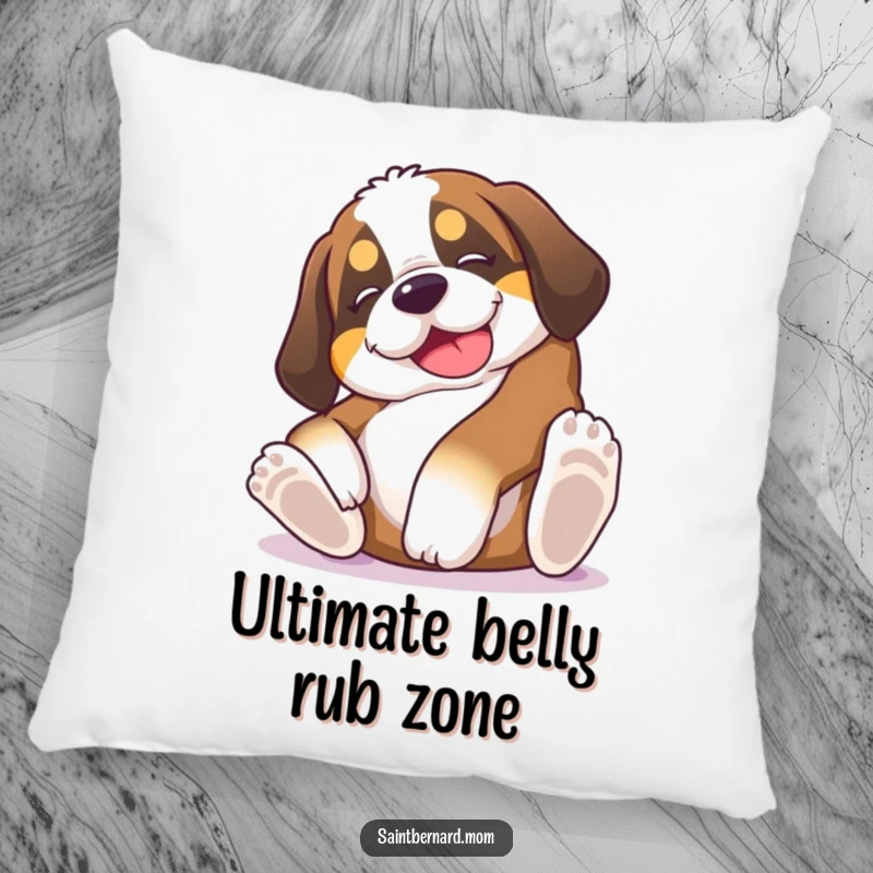 Funny Saint Bernard puppy pillow, a dog hilariously rolling on its back, inviting belly rubs, soft and decorative, perfect humorous gift.