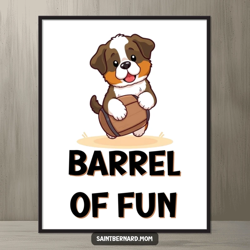 Funny Saint Bernard puppy digital art print, a kawaii dog carrying a small barrel, high-resolution artwork for instant, cheerful wall decor.
