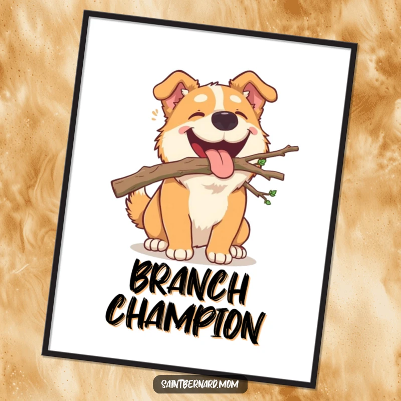Funny Digital Art Print: A large dog happily carrying a small, fallen branch in its mouth, showcasing outdoor fun.