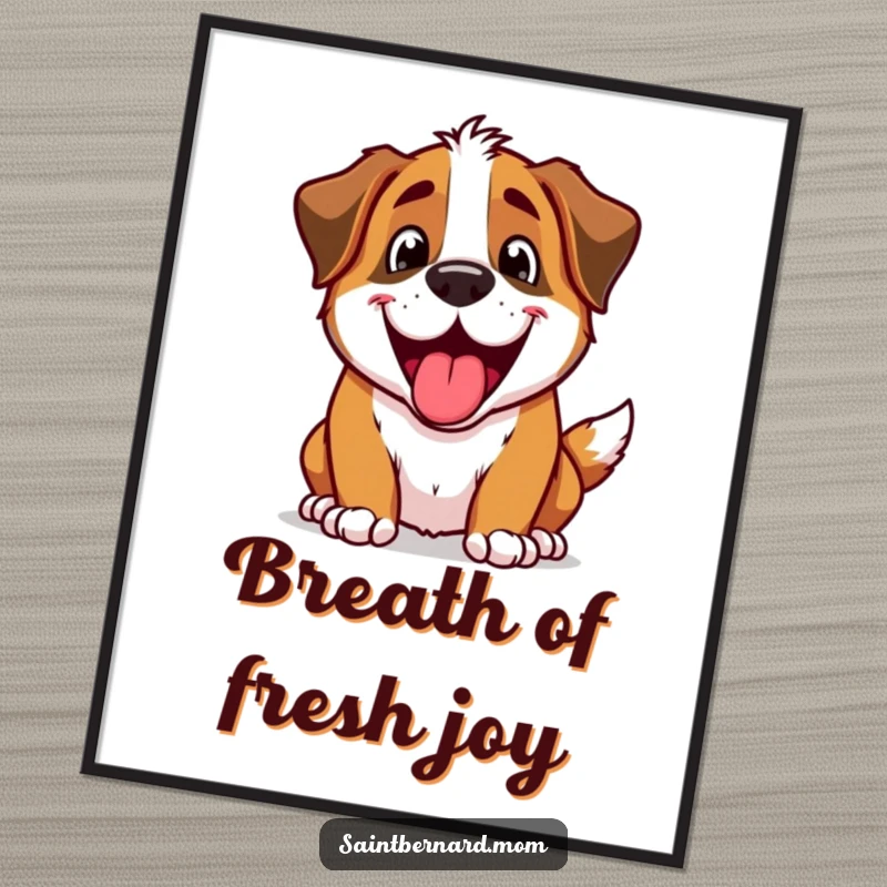 Funny Saint Bernard dog character with a happy, excited panting expression in a high-resolution digital art print.