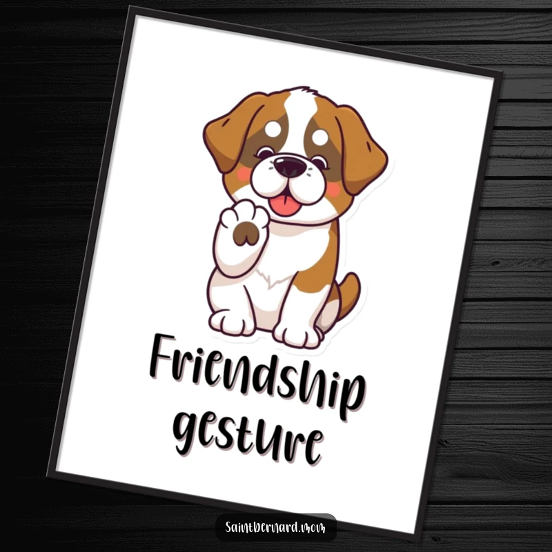 Funny Saint Bernard digital art print of a kawaii dog offering a paw, symbolizing friendship and available for instant download.