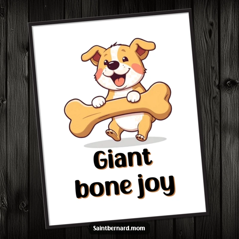 Funny fetching dog digital art print, download of an excited dog carrying a giant bone with enthusiasm.