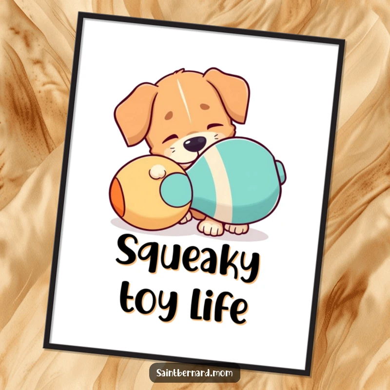 Funny Digital Art Print: A dog with a floppy ear playfully nudging a giant squeaky toy, capturing pure canine joy.