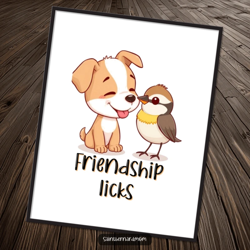 Funny Digital Art Print: A dog gently offers a lick to a tiny, curious bird, capturing a moment of pure kindness.
