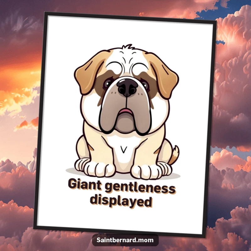 Funny Saint Bernard dog digital art print depicting a gentle giant demeanor, a heartwarming and humorous decoration.