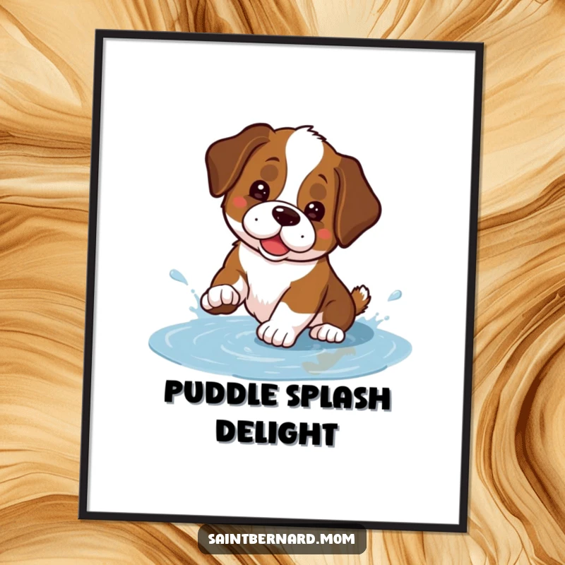 Funny Kawaii Saint Bernard digital art print of a cute dog playfully splashing in a small puddle, ready for joyful display.