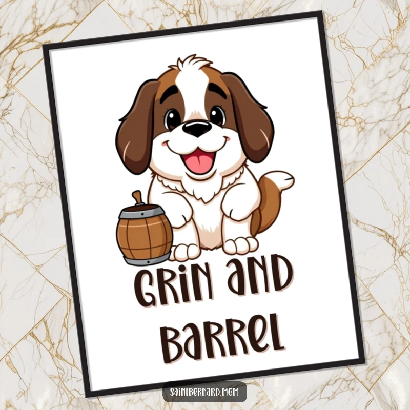 Funny Saint Bernard digital art print of a large, happy Saint Bernard dog with a friendly grin and barrel, perfect for decor.