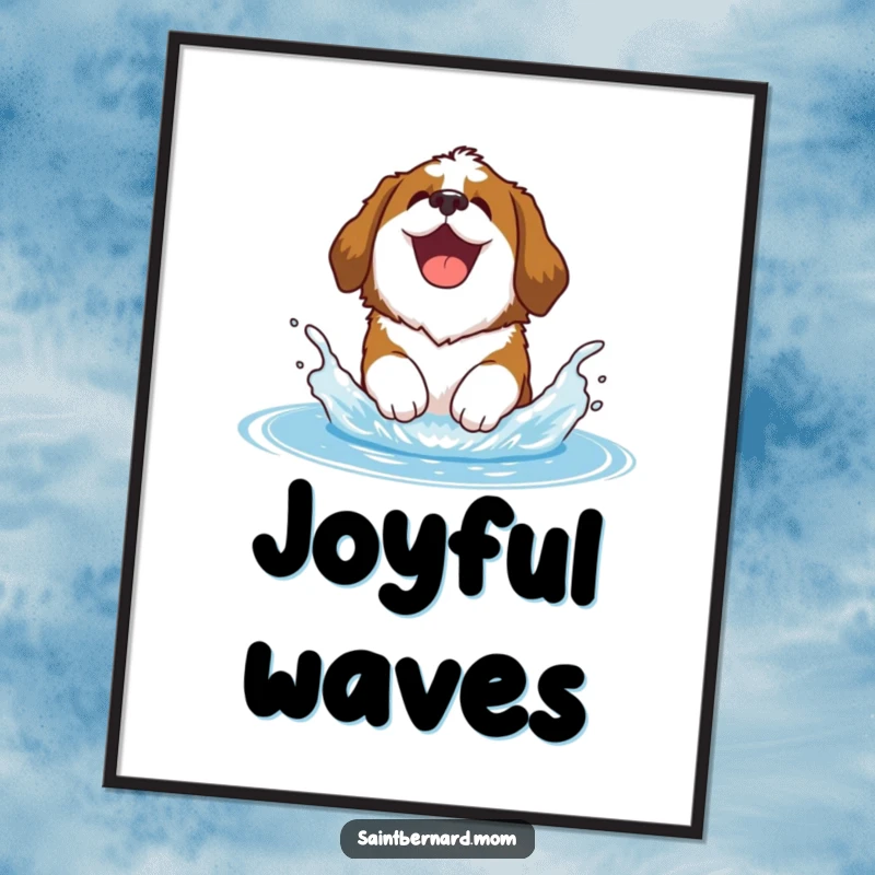 Funny Saint Bernard digital art print of a happy Saint Bernard dog joyfully splashing in water, perfect for decor.
