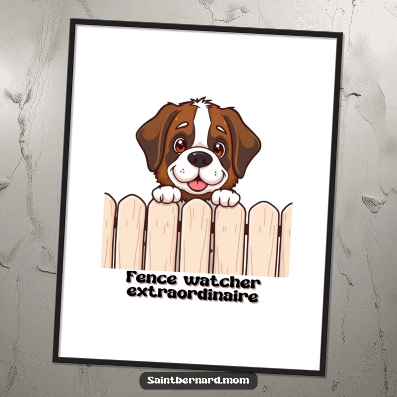 Funny Saint Bernard digital art print of a dog peeking over a fence with a friendly, curious expression, full of charm.