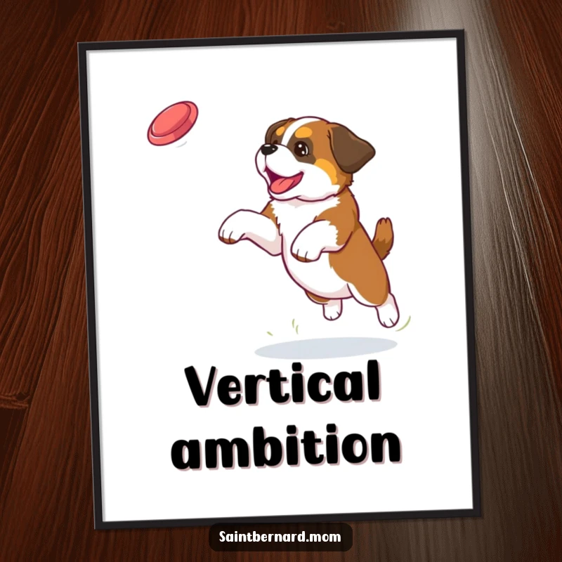 Funny Saint Bernard puppy digital art print capturing a dog leaping high to catch a frisbee, full of action and personality.