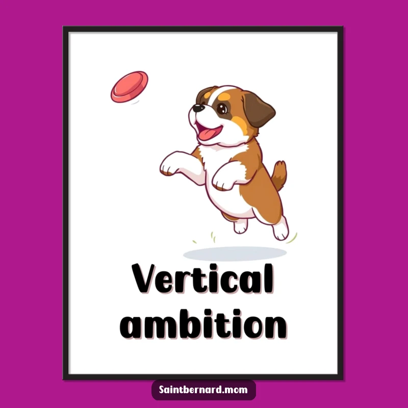 Funny Saint Bernard Puppy Frisbee Action Digital Art Print - Dog Lover Gift
