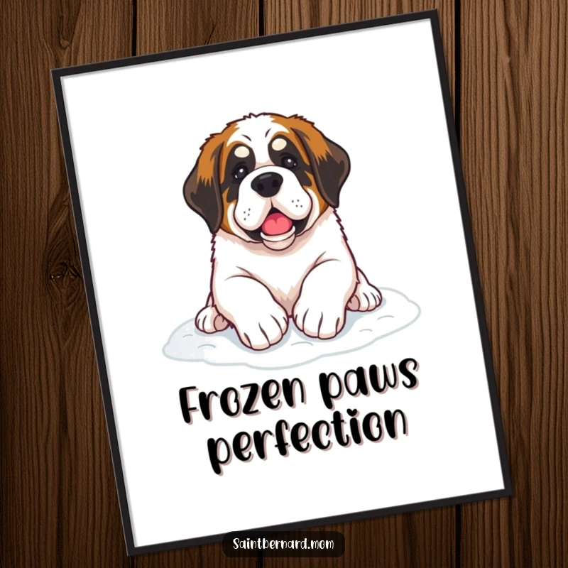 Funny Saint Bernard dog digital art print with paws resting on soft snow, a charming and humorous winter decoration.