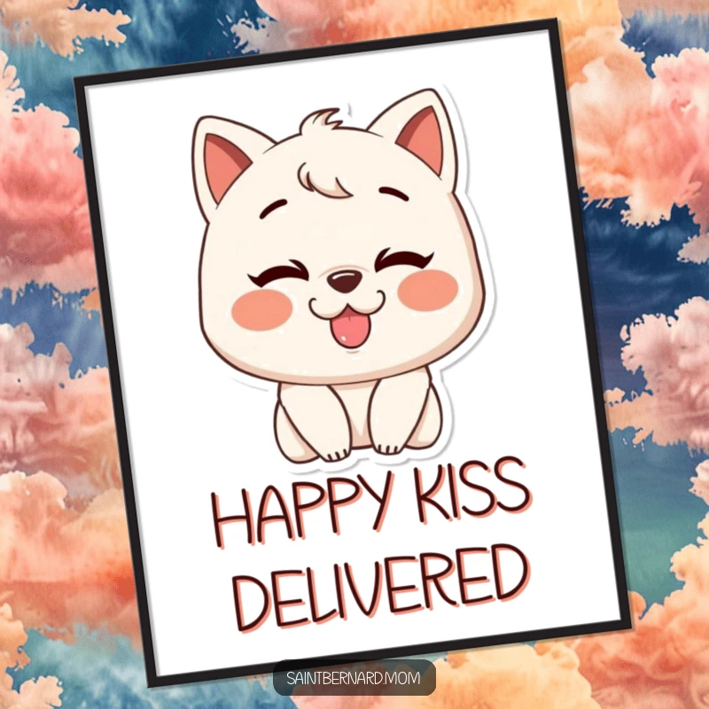 Funny digital art print of a character with a huge grin, offering a big, slobbery kiss, radiating pure happiness and affection.
